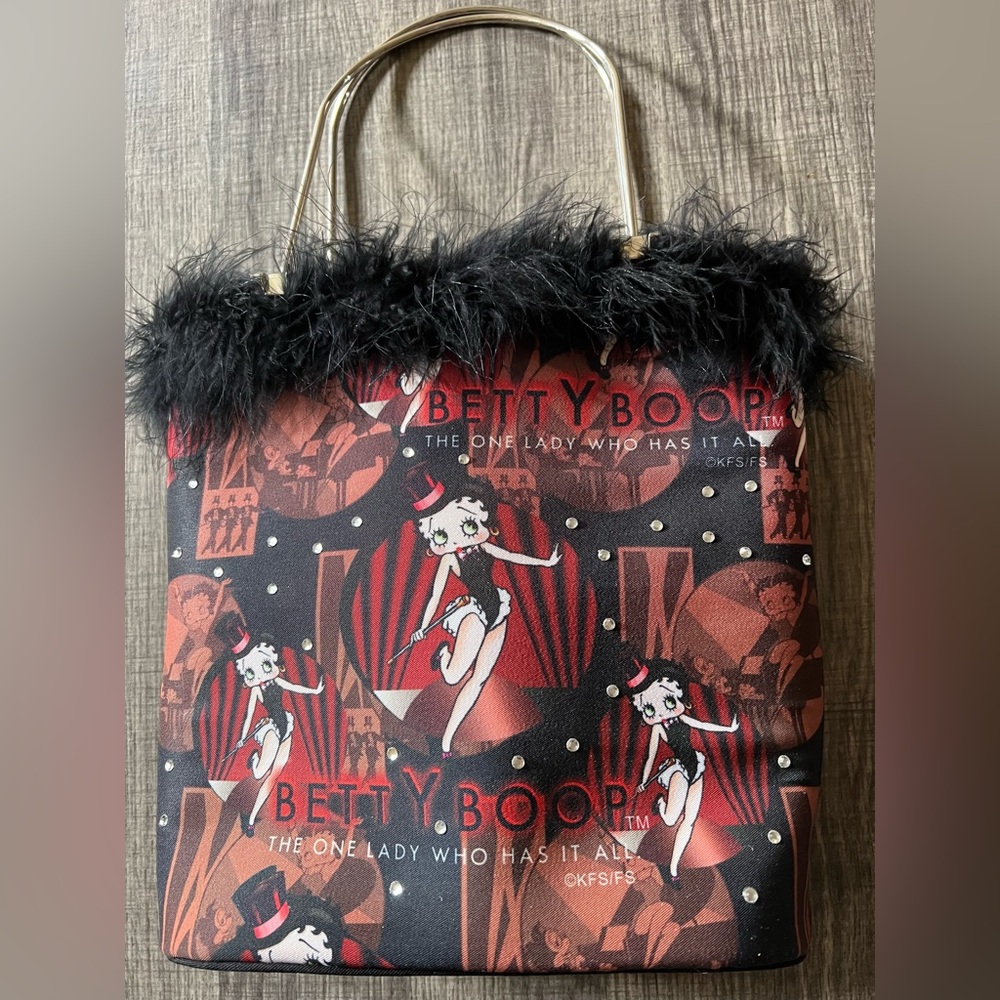 Vintage Betty Boop Tote with feathers & bling, Silver Handles